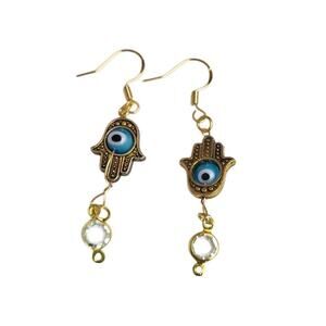 14k Gold Plated Hamsa Hand Blue Eye Drop Dangle Earrings Clear Faceted Beads
